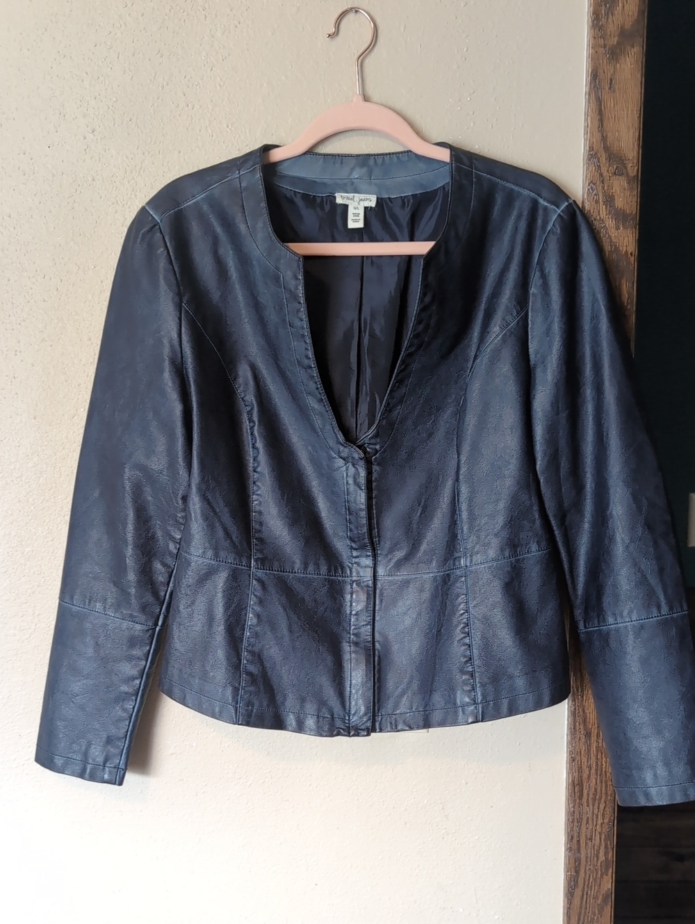 Tribal Navy Faux Leather Collarless Jacket